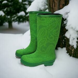 L.L. Bean Wellies Rain Boots Womens Size 6M Green Paisley Gardening Rubber Shoes